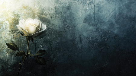 A dramatic composition with a white rose on a dark grunge background, leaving space for bold text.の素材