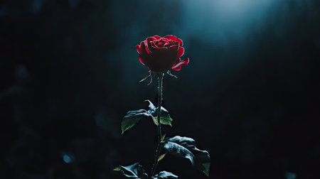 A dramatic shot of a single red rose against a black background with soft spotlighting.の素材