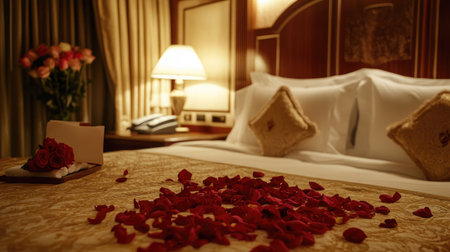A luxurious hotel room with rose petals scattered on the bed and a rose bouquet placed on the nightstand.の素材