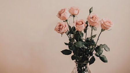 A fresh bunch of pink roses in a vase, with ample space in the background for a personal quote or message.の素材