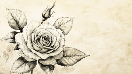 A hand-drawn sketch of a delicate rose, with intricate details of the petals and leaves on a textured paper background.の素材