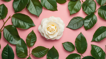 A flat lay of a white rose surrounded by green leaves on a pastel pink background with space for text.の素材