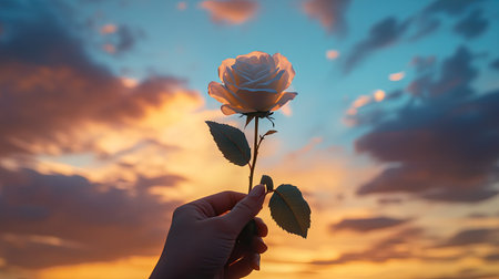 A hand holding a single white rose, set against a soft pastel sky during sunset.の素材