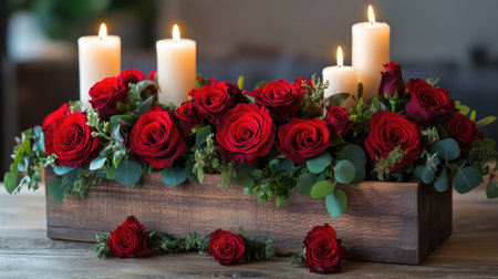 A floral arrangement of red roses and candles, arranged in a rustic wooden box, perfect for a romantic home decor.の素材