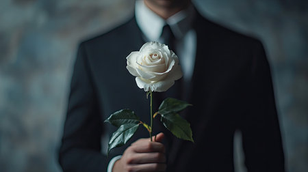 A groom holding a single white rose, with an elegant blurred background and space for text.の素材