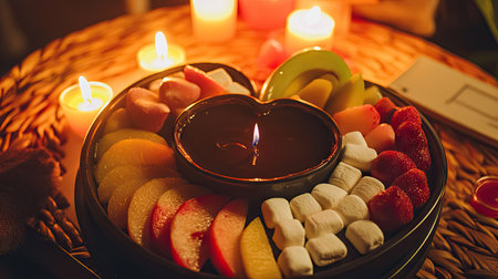 A heart-shaped platter of fruit and marshmallows arranged around a chocolate fondue pot, candles glowing in the background.の素材