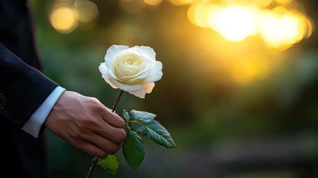 A groom holding a single white rose, with an elegant blurred background and space for text.の素材