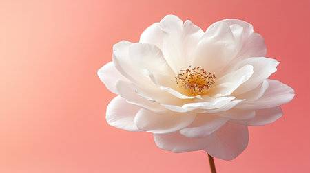 A fully bloomed white rose flower against a pastel pink gradient background, with ample space for messaging.の素材