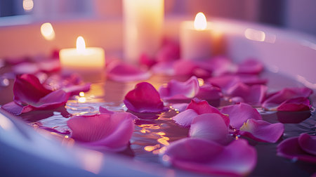 A luxurious bath setup with rose petals floating in the tub, accompanied by candles, creating a serene spa-like atmosphere.の素材