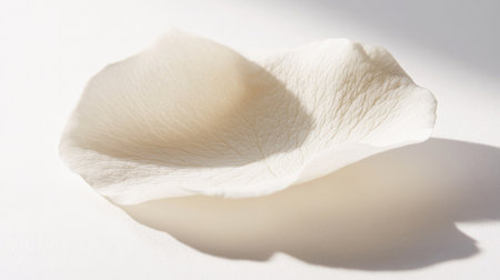 A macro shot of a single white rose petal with soft shadows and ample space for text or branding.の素材