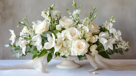 A luxurious white rose arrangement with ribbons and soft flowers, creating space for personalized copy.の素材