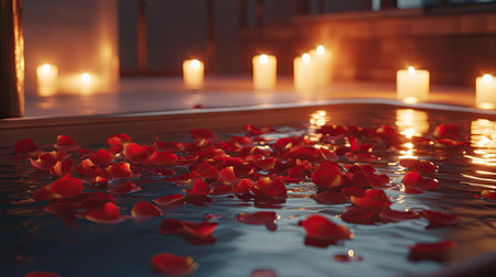 A luxurious bath setup with rose petals floating in the tub, accompanied by candles, creating a serene spa-like atmosphere.の素材