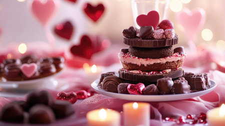 A layered Valentine chocolate arrangement on a dessert table with candles and festive decorations.の素材