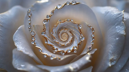 A macro shot of the spiral center of a white rose, surrounded by soft-focus petals with room for copy.の素材