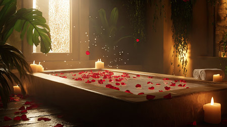 A luxurious bath setup with rose petals floating in the tub, accompanied by candles, creating a serene spa-like atmosphere.の素材