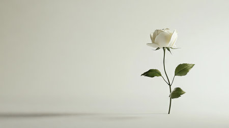 A minimalistic composition of a single white rose flower on a plain white background with clear text space.の素材