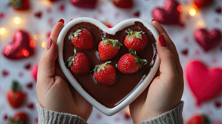 A pair of hands holding a heart-shaped plate with chocolate fondue and strawberries on a Valentine-themed background.の素材