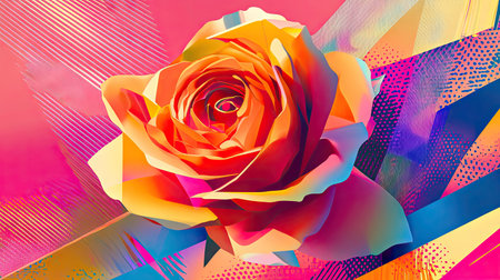 A modern digital illustration of a vibrant rose with bold geometric shapes and bright colors.の素材