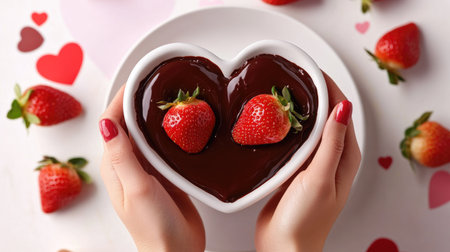 A pair of hands holding a heart-shaped plate with chocolate fondue and strawberries on a Valentine-themed background.の素材