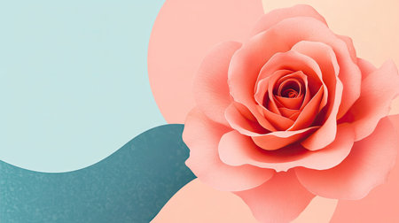A pink rose flower with vibrant petals set against a pastel-colored backdrop, offering ample space for copy.の素材