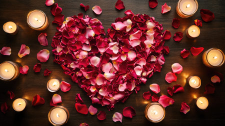 A romantic flat-lay of red and pink rose petals forming a heart shape, surrounded by candles and soft lighting.の素材