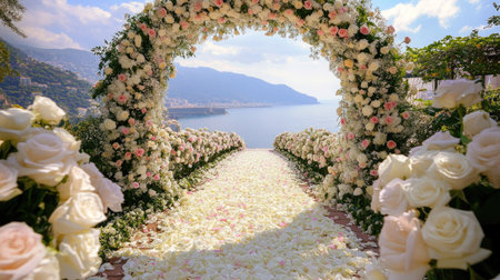 A romantic wedding arch covered in white and pink roses, with flowing fabric adding elegance to the ceremony space.の素材