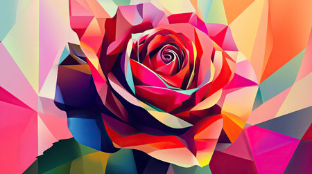 A modern, stylized vector rose design with geometric shapes and vibrant, contrasting colors.の素材