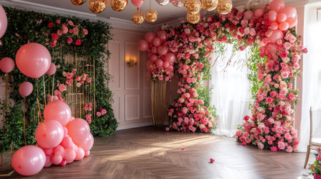 A party space with rose decorations on the walls, balloons, and a floral archway, setting the stage for a romantic celebration.の素材