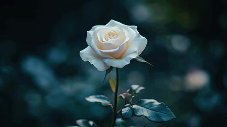 A professional close-up of a white rose, with soft lighting and a blurred background, leaving room for copy.の素材
