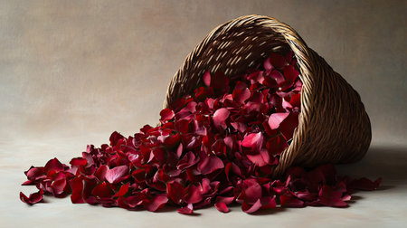 A pile of deep red rose petals spilling out of a woven basket, set against a soft neutral backdrop.の素材