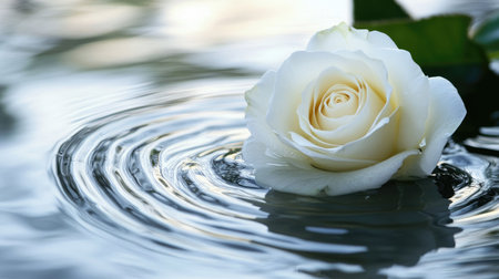 A serene composition of a white rose flower floating on water with subtle ripples, leaving space for text.の素材