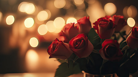 A professional close-up shot of a bunch of roses arranged in a vase, with soft bokeh in the background.の素材
