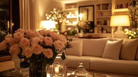 A romantic living room with roses artfully placed in vases, enhancing the decor with soft lighting and a cozy atmosphere.の素材