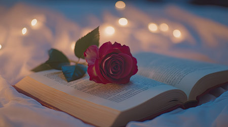 A rose placed on an open book, creating a soft, dreamy aesthetic for a romantic scene.の素材