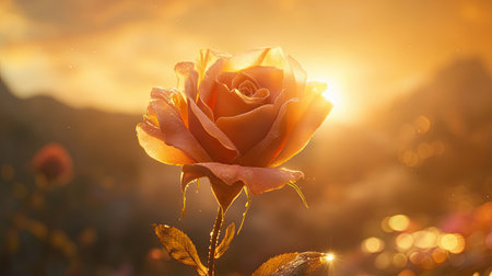 A rose in full bloom with its petals glowing in the golden sunlight, set against a blurred natural backdrop.の素材