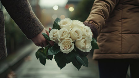 A romantic shot of a couple holding hands with a bouquet of white roses in focus, leaving room for copy.の素材