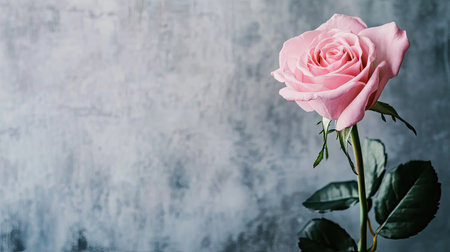 A pink rose in front of a lightly blurred, textured background, with room for a quote or romantic message.の素材
