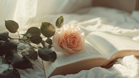 A rose placed on an open book, creating a soft, dreamy aesthetic for a romantic scene.の素材