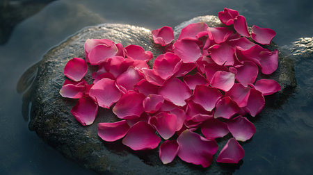 A romantic scene of pink rose petals arranged in a heart shape, with space to add a personalized greeting.の素材
