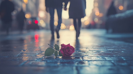 A romantic scene with a couple walking hand in hand, a rose placed gently between them, symbolizing their love journey.の素材