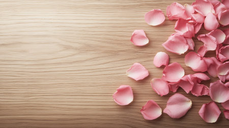 A romantic arrangement of pink rose petals on a wooden surface, with room for a personal message or branding.の素材