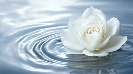 A serene composition of a white rose flower floating on water with subtle ripples, leaving space for text.の素材