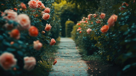 A romantic walkway lined with blooming roses, creating a picturesque garden path framed by greenery.の素材