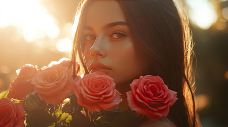 A romantic portrait of a woman holding a bouquet of roses, with soft natural lighting illuminating her face.の素材