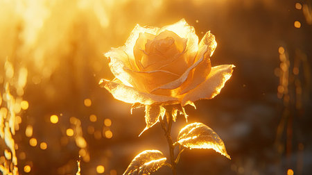 A rose in full bloom with its petals glowing in the golden sunlight, set against a blurred natural backdrop.の素材