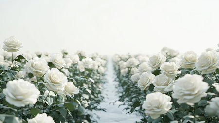 A serene white rose garden with rows of blooming roses, creating ample space for text in the foreground.の素材