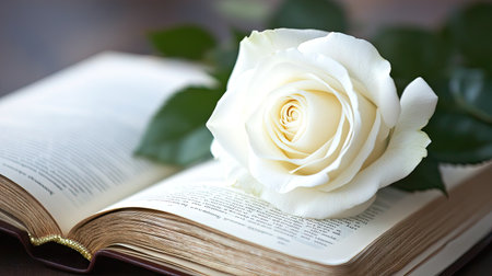 A serene scene of a single white rose resting on an open book with lots of negative space.の素材