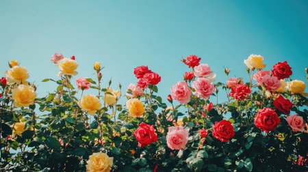 A serene rose garden in full bloom, with rows of vibrant red, yellow, and pink roses under clear blue skies.の素材