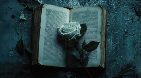 A serene scene of a single white rose resting on an open book with lots of negative space.の素材