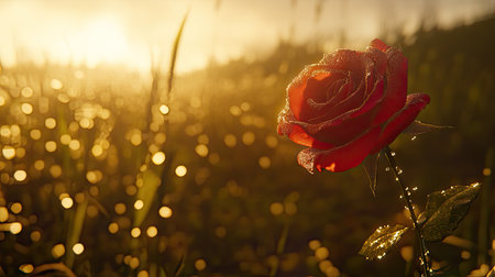 A shot of a dew-covered rose in a garden at dawn, with soft, diffused light creating a dreamy atmosphere.の素材